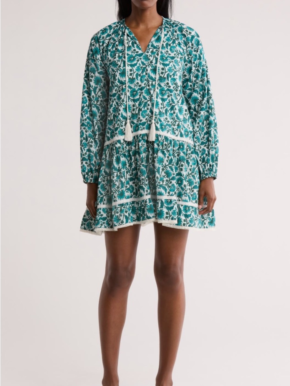 Teal Floral Tiered Peasant Dress with Tassel Tie